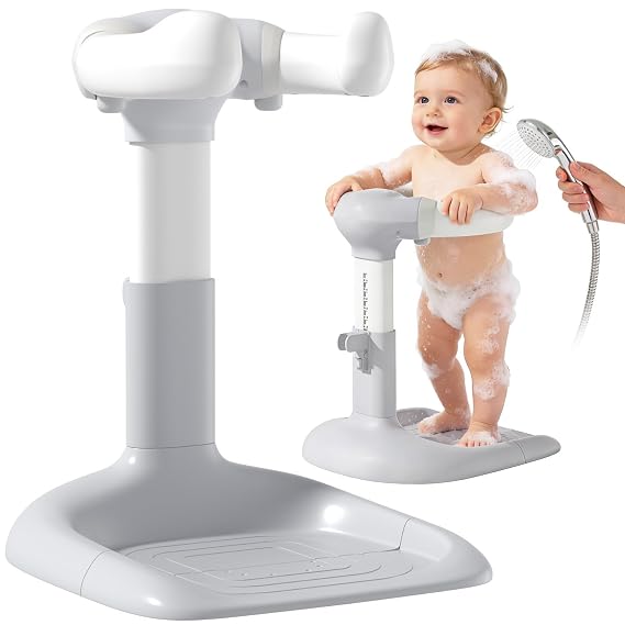 Upgraded Baby Shower Stand with Anti-Pinch Silicone & Anti-Slip Base, Adjustable Height Baby Bath Standing Support, Soporte para Banera de Bebe Assist Holder for 6-36 Months Toddler, Ideal Gift, Gray