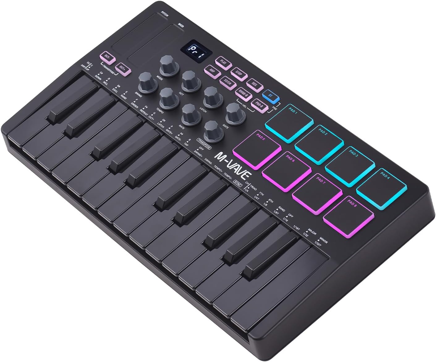 MIDI Keyboard Controller Beat Maker Machine Rechargeable 25 Keys MIDI Keyboard Portable Arranging Strike Pad RGB Backlight MIDI Assignable Knobs Buttons for Music Production