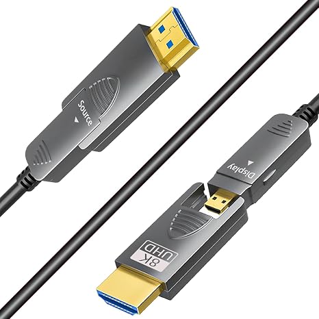 25ft 8K Fiber Optic HDMI Cable, Micro HDMI to HDMI 2.1, Detachable Type AD, 48Gbps Ultra Speed, HDR, 3D, eARC, in Wall CL2  CL3 Rated, Slim and Flexible for PS5 Project TV