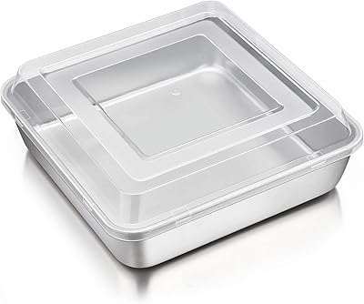 P&P CHEF Square Baking Cake Pan with Lid, Stainless Steel Lasagna Brownie Pan and Plastic Cover for Picnic Wedding Birthday, Healthy & Sturdy, Oven & Dishwasher Safe, 8 Inch, 2Pcs