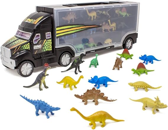 Boley 14-Piece 16" Dinosaur Transport - Miniature Dino Figures, Semi Truck Trailer Toy with Collapsible Handle