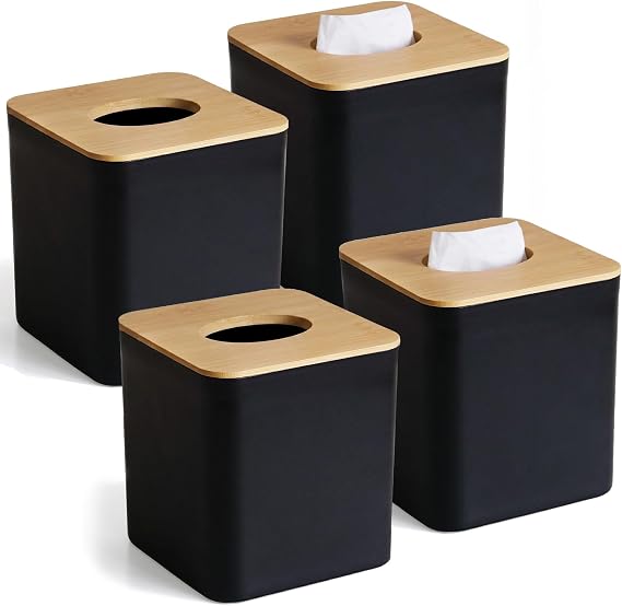4 Pack Tissue Box Cover Square, Black Facial Tissue Holder with Bamboo Lid