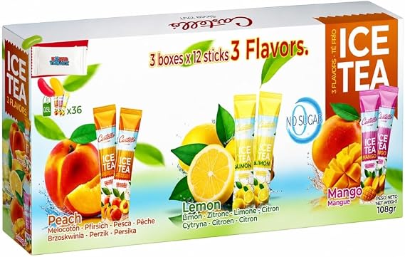 Ice Tea Powder Drink Sticks Variety Pack 36 Sticks – Peach, Lemon & Mango Flavours | Sugar Free Instant Iced Tea Sachets | Refreshing Cold Drink Mix Boxed Treatz