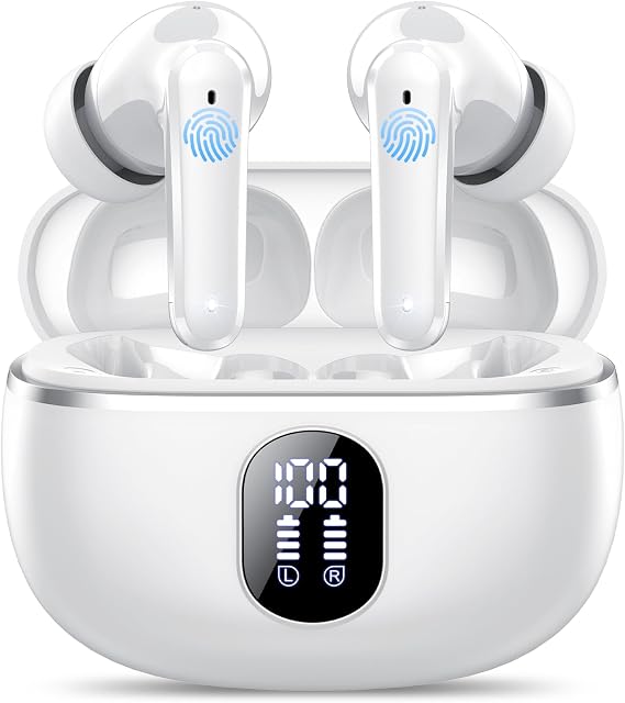 Wireless Earbuds, 50Hrs Playtime Bluetooth Earphones, Bluetooth Headphones 5.3, in Ear with 4 ENC Call Noise Cancelling Mics, Bass Boost 85%, Mini Earbuds IPX7 Waterproof, USB-C(White)