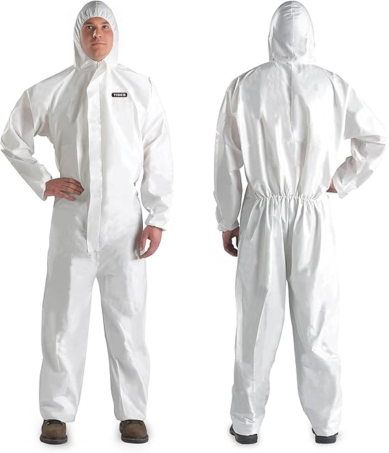 Hazmat Suit Disposable Coverall | Heavy Duty Full Body Painters Suit in 7 Sizes with Multiple Specifications for Men & Women Without Hood - Breathable & Water Resistant, Small, White