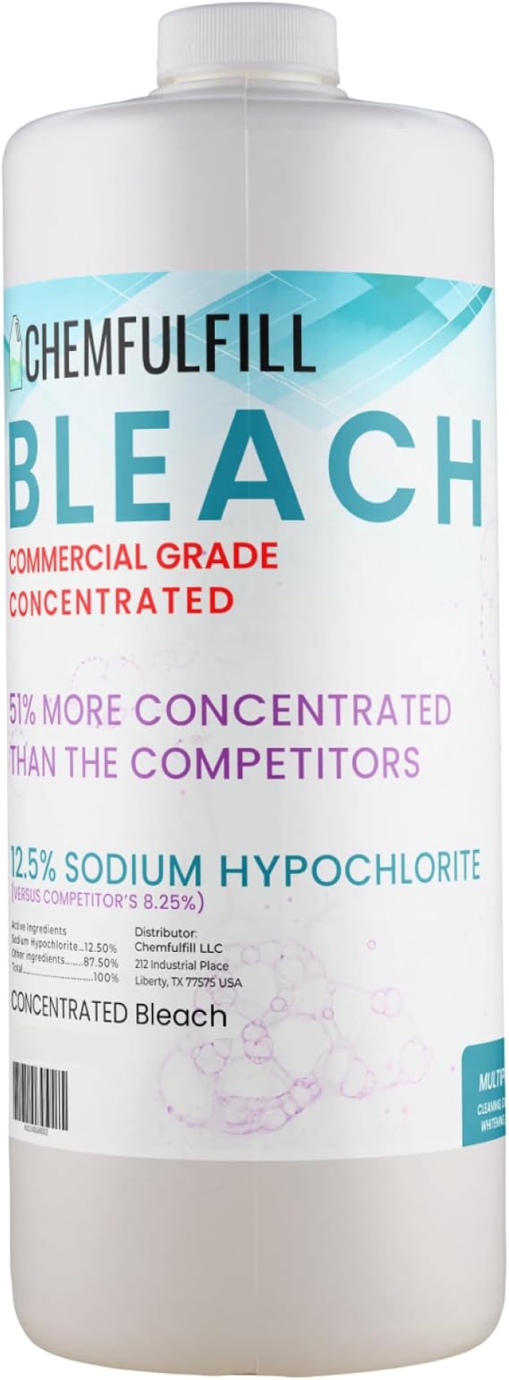 Chemfulfill Bleach - Sodium Hypochlorite 12.5% (Concentrated Bleach) - Whitening, Deodorizing, Renewing, Cleaning (Pint)