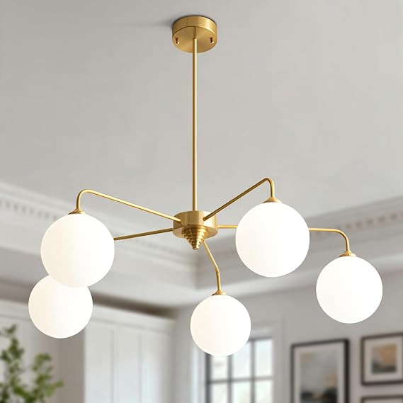 5 Light Modern Brass Chandelier Mid Century Gold Ceiling Light Fixture White Glass Globe Sputnik Chandelier for Dining Room Bedroom Kitchen