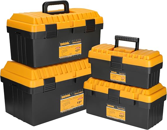 4-Piece Nesting Tool Box Set with Removable Trays for Garage Workshop | 4 Size Plastic Tool Organiser with Compartments, Home Storage, DIY, Hobbyist, 13 15 17 19 Inch