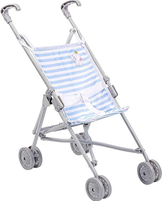 JC Toys Boutique | Folding Umbrella Doll Stroller for Children 2 Years Plus, Blue Stripes and Soft Embroidery | Sturdy Metal Frame | Pretend Play with Dolls up to 18 Long | Seat Belt