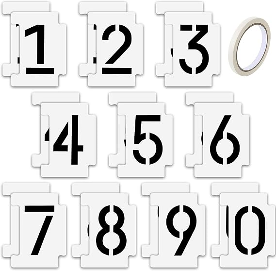 Curb Stencil Kit 0-9 Numbers Stencils Kit 14 Mil Plastic and 4 Inch Tall Numbers with Masking Tape for Mailbox Address Painting(21 Pieces)