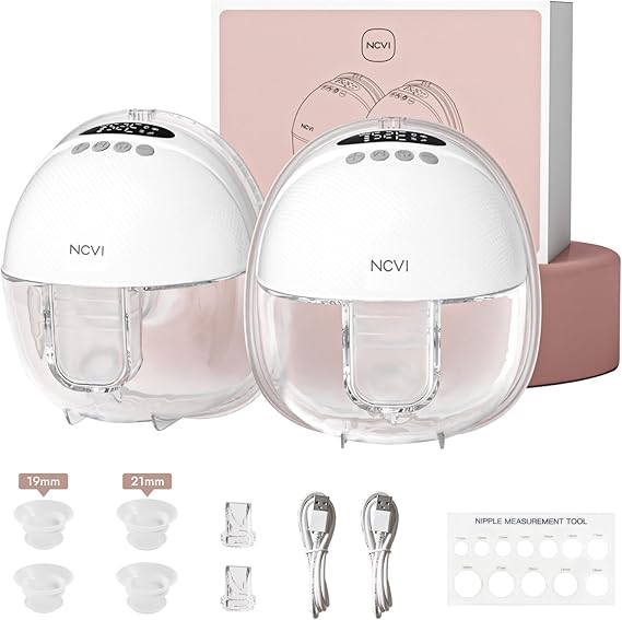 NCVI Wearable Breast Pump Hands Free, Portable Electric Breastfeeding Pump with 1500mAh Battery, Quiet Operation, Smart LED Display, 4 Modes & 9 Levels, 19/21/24mm Flanges, 2 Pack, White