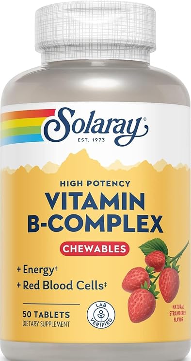 SOLARAY Vitamin B-Complex Chewables, Strawberry, Healthy Energy, Red Blood Cell, Stress & Metabolism Support, 50 Tablets