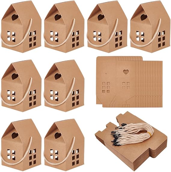 BENECREAT 30Pcs House Shaped Gift Boxes, 3x3x5inch Log Kraft Paper Candy Box Cardboard Treat Boxes for Wedding Baby Shower Birthday Party
