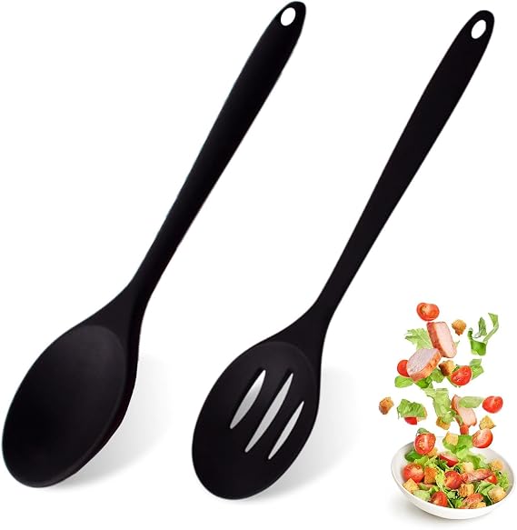 Silicone Cooking Spoons, 2 Pcs Black Kitchen Spoon and Slotted Spoon, Nonstick Mixing & Slotted Spoons, Heat Resistant Large Silicone Spoons for Cooking, Stirring, Scooping and Mixing