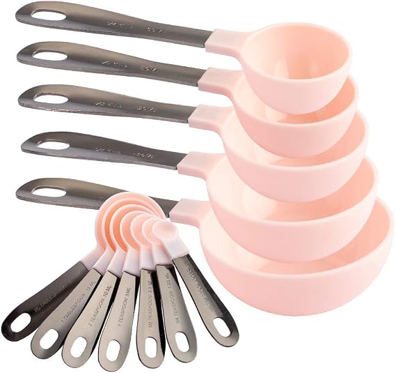 Country Kitchen 12 PC Measuring Cups Set and Measuring Spoon SetGunmetal Stainless Steel HandlesNesting Kitchen Measuring SetLiquid Measuring Cup SetDry Measuring Cup Set Pink