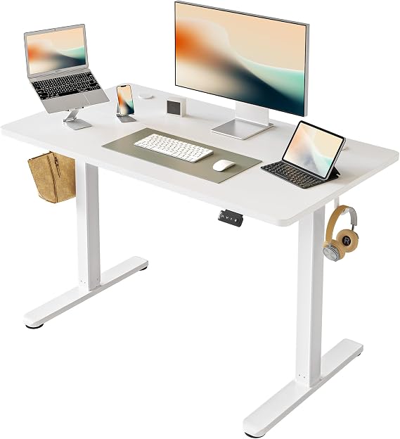 FEZIBO Electric Standing Desk 100 x 60 cm, Height Adjustable Computer Desk with Memory Presets, Sit Stand Home Office Desk, White Frame with White Top