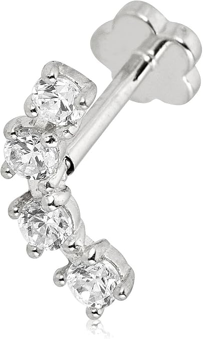 AVORA 14K Gold 4 stone Simulated Diamond CZ Curved Bar Cartilage Piercing Flat Back Earring Body Jewelry (18 Gauge)