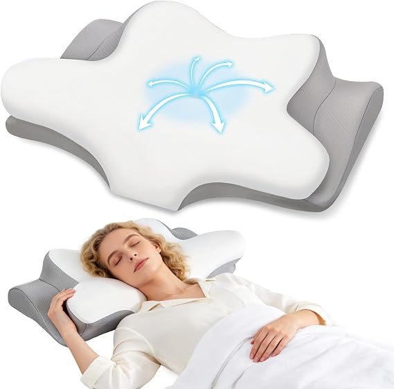 Cervical Neck Pillow, Memory Foam Pillows for Neck, 2 Heights Ergonomic Pillow,White