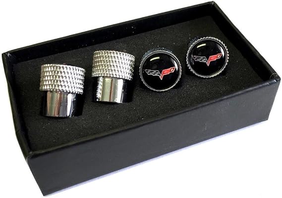 C6 Corvette Crossed Flags Logo Aluminum Valve Stem Caps Knurled