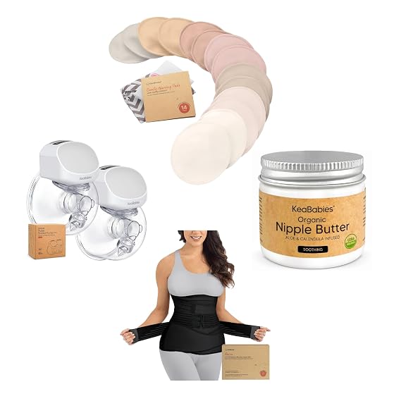 KeaBabies 14-Pack Nursing Pads with Nipple Butter Cream, Wireless Breast Pump, and 3 in 1 Postpartum Belly Band - All in 1 Breastfeeding and Postpartum Essentials for New Moms