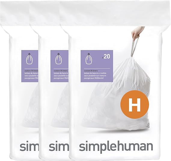 simplehuman Code H 60 Count Custom Fit Liners, Drawstring Kitchen Trash Bags, One-by-One Mess-Free Dispense, Extra Thick & Double Seamed, 50% PCR Plastic, 30-35 Liter / 8-9 Gallon, White