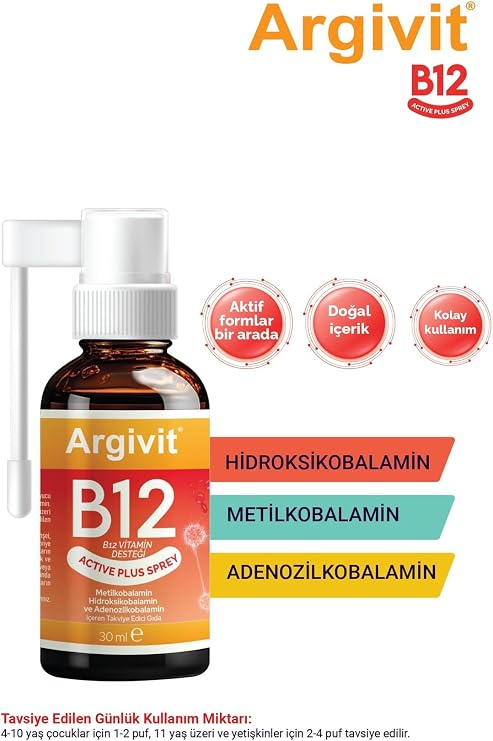 Argivit Active Plus B12 Vitamin Metilkobalamin, Hidroksikobalamin Ve Adenozilkobalamin Sprey 30 ml