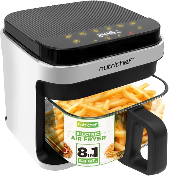 Nutrichef 5.8 Quart Air Fryer | 8-1 Preset Cooking Modes | Clear Fry Bowl for Best Cooking Results | Cook Shrimp, Steak, French Fries, Feathers, Chicken and More | Precise Temperature Control and Time