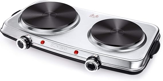 Hot Plates for Cooking, 1800W Electric Double Burner with Handles, 6 Power Levels Stainless Steel Hot Plate for Kitchen Camping RV Cast Iron