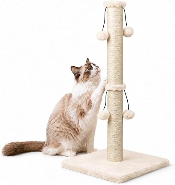 Dimaka 74 cm Cat Scratching Post, Natural Sisal Rope Scratch Post with 4 Teasing Toy Balls for Large Cats (Beige)