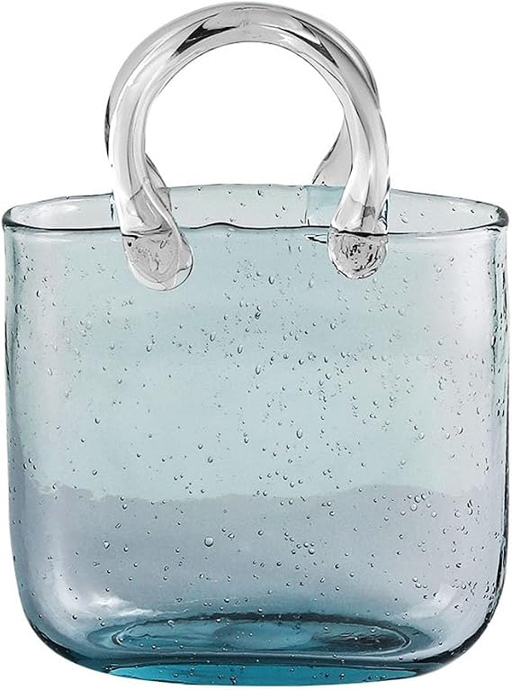 Glass Purse Vase for Flowers,Transparent Glass Bag Vase,Unique Handbag Flower Vase Purse Fish Bowl with Handles,Clear Wide Mouth Handbag Vase for Centerpieces Decor(Blue)