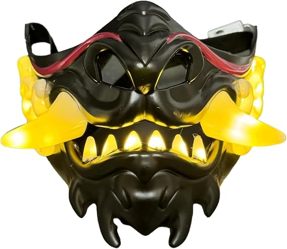 Japanese Monster Hannya Mask Guardian Lion Demon Oni Samurai Half Face Shield (Black) Light Up Mask