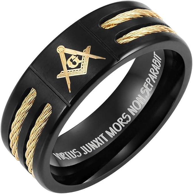 Willis Judd MasonicMan Mens Masonic Titanium Ring (Rope Inset, Latin Engraving)
