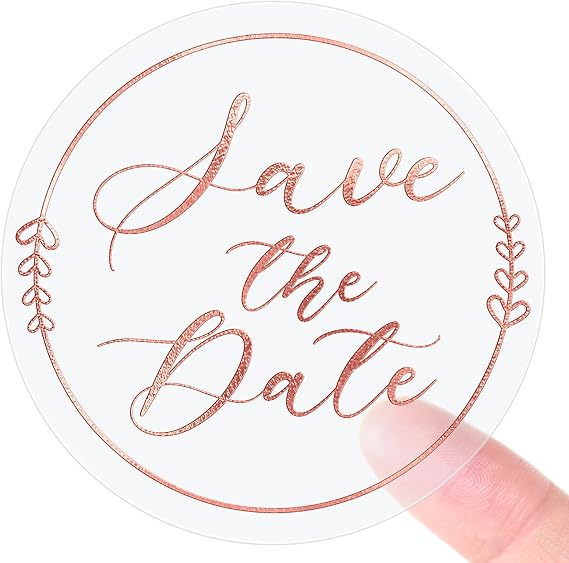 100 PCS Save The Date Stickers, Clear Rose Gold Foil Wedding Stickers for Invitations, Envelopes, Bridal Shower, Engagement Party, Dessert Table Treat Bags & Favor Packaging, 1.6 Inch
