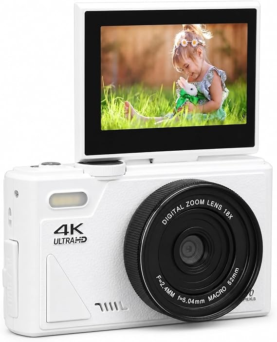 Vikye 4K Digital Camera, 64MP UHD, 18X Zoom, White, Ideal Gift for Beginners