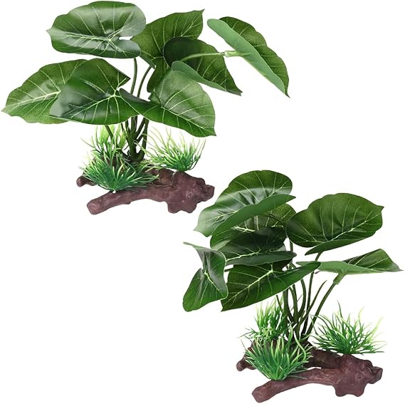 2Pcs Reptile Artificial Plants, Terrarium Plants Decorations Supplies, Aquarium Fish Tank Plant, Amphibian Habitat Hideout Tank (Green)