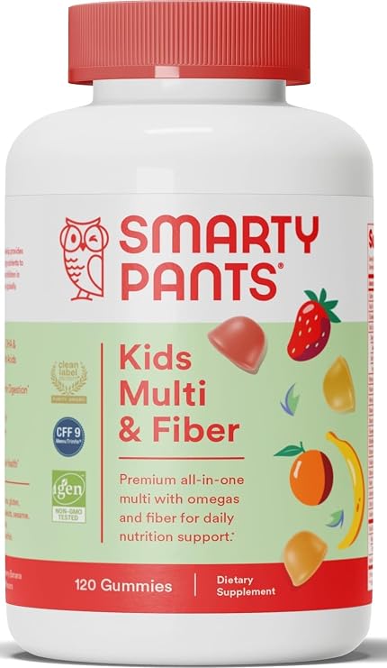 SmartyPants Kids Multivitamin Gummies and Fiber Supplement: Vitamin D3, C, Vitamin B12, B6, A, Zinc, Biotin, Inositol, Fiber Gummies, Three Fruit Flavors, 120 Count (30 Day Supply)