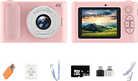 Digital Camera FHD 4K 44MP with 32GB Card 4X Zoom Anti Shake Compact Portable Small Cameras for Photography Point and Shoot Camera Gift for Teen Beginner (Pink)