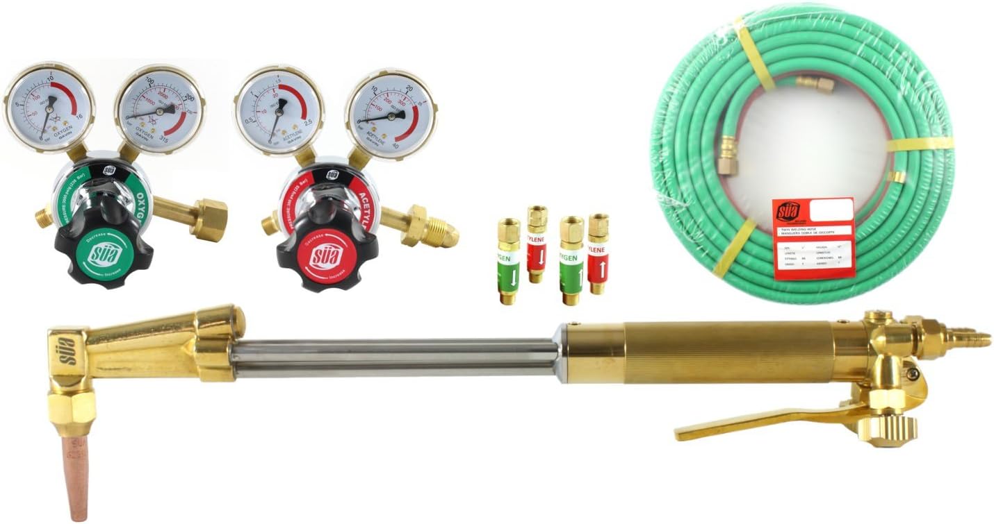 SÜA 18" Heavy Duty Straight Cutting Torch 90° Head  Regulators  Tip  Arrestors  25' Hose - Compatible with Harris - ACETYLENE