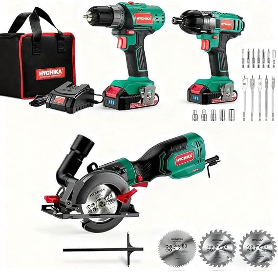HYCHIKA Power Tool Combo Kit, Screwdriver 35 N.m + Impact Driver 160 N.m + 750W Mini Circular Saw Corded with 3 Blades, Power Tools Set for Home Garden Outdoor