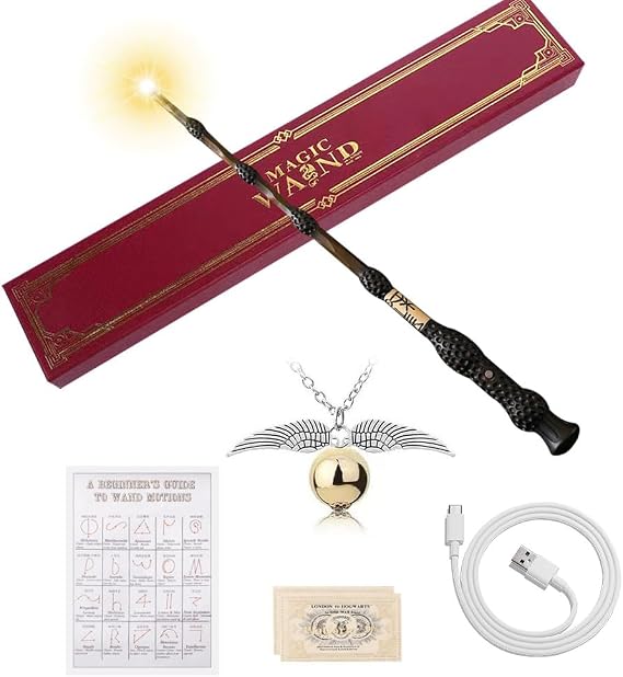 Dumbledore Wand, 37CM Harry Potter Elder Wand Light Up, USB Charging Elder Wand Harry Potter, Dumbledore Wand in Gift Box with Spell Card, Station Ticket and Necklace