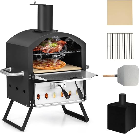 MAT EXPERT Pizza Oven Outdoor, 2-Tier Pizza Maker with Portable Stainless Steel, Wood Fired Pizza Oven with 12" Pizza Stone, Pizza Peel, Detachable Cooking Rack for Backyard, BBQ, Picnic, Camping