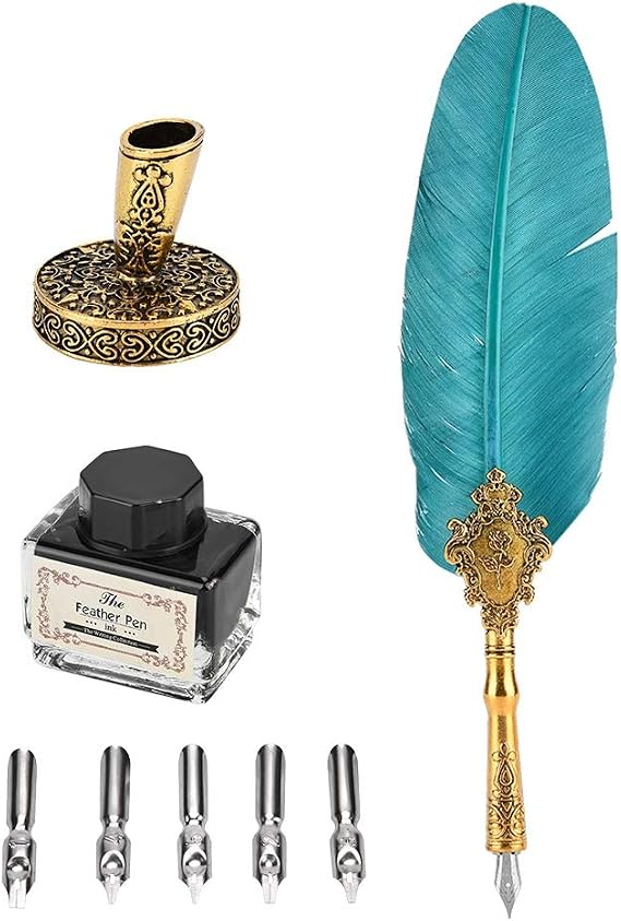 Wendry Retro Classical Dip Writing Pen,European Fountain Pen,5 Replacement Luxury Dip Pen Nips,Pen Stand Base,Writing Pen Ink Bottle Set Gift Box for