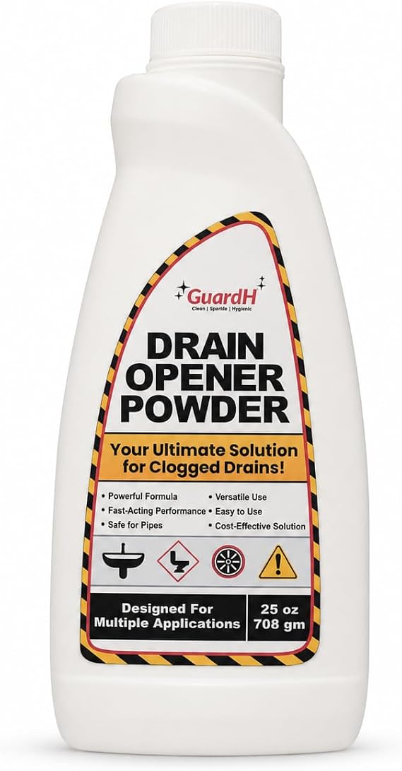 GuardH Drain Opener Powder 25 oz (708 g) Fast-Acting Drain Cleaner for Kitchen Sink, Bathroom Drains, Shower & Pipes Powerful Grease, Hair & Clog Remover Heavy Duty Pipe Cleaning Powder