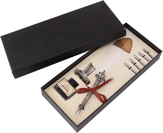 Feather Pen and Ink Set, Glittering Quill Pen Set Luxury Vintage Calligraphy Dip Pen with Ink, 5 Replacement Nibs, Pen Stand Base for Writing Guest Signature or Gift Wedding Bridal Office Party Favors