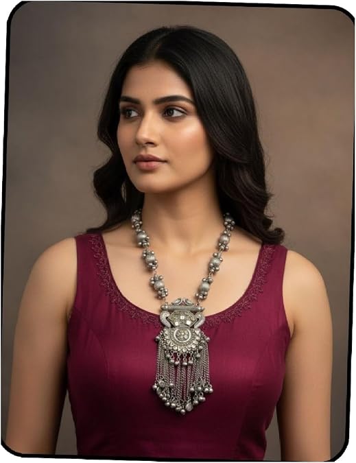 Indian Afghani Designer Oxidized Silver Fashion Handmade Boho Tribal Gypsy Ethnic Enamel Long Necklace Jewelry Women