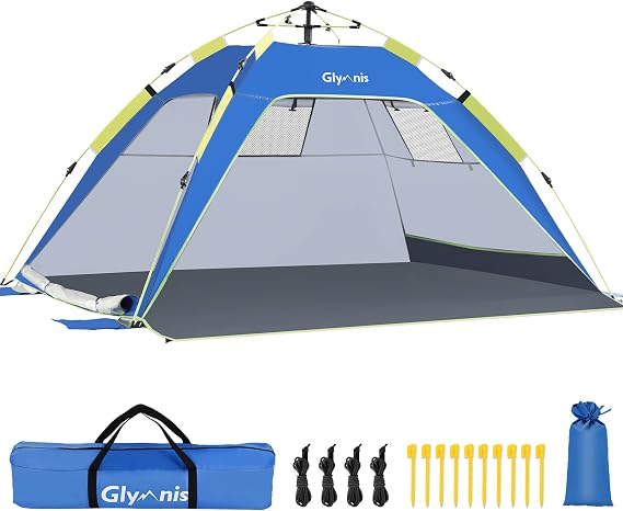 Glymnis Pop Up Beach Tent for 3-4 Person, UPF 50+, Lightweight, Easy Setup