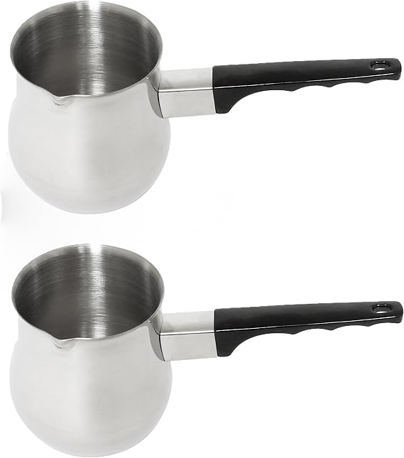 TrueCraftware- 12 oz Stainless Steel Turkish Coffee Decanter with Black Easy-Grip Handle Set of 2- Turkish Coffee Maker Chai Pot Arabic Coffee Pot Briki Greek Coffee Pot Greek Briki Cezve Ibrik