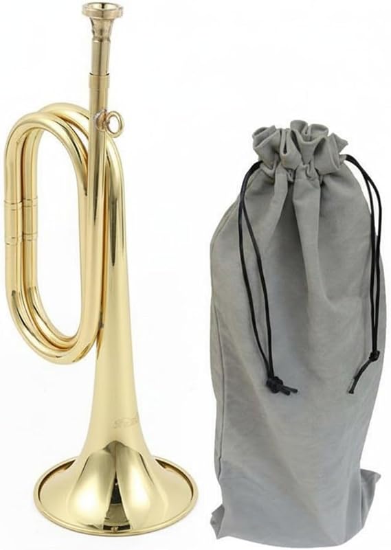 Bugle Engraved Brass Bugle Large Bell Ceremonial Trumpet for Procession, Traditional With Gray Bag