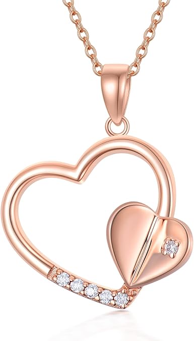 18K Solid Rose Gold Heart Necklace for Women, Rose Gold Double Heart Pendant Necklaces 18K Rose Gold Fine Jewelry Birthday Anniversary Christmas Gifts for Her Girlfriend Mom Wife Daughter 16+2