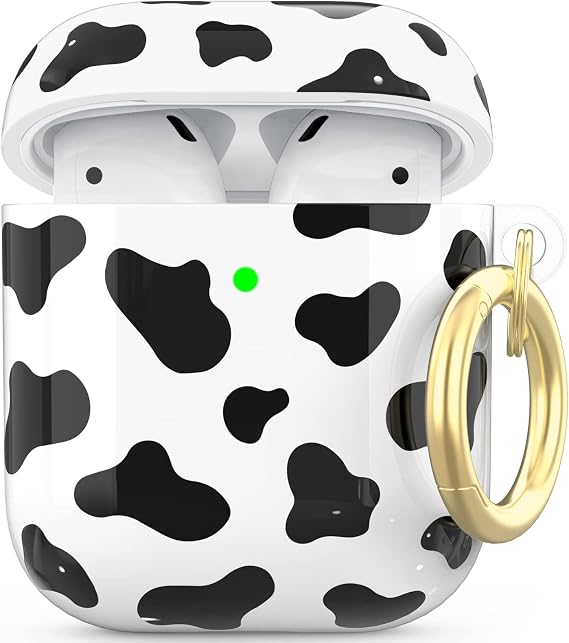 NIUTRENDZ Cute Cow Print Case for AirPods Case Cover IMD Design Hard TPU Shockproof [Front LED Visible] [Wireless Charging] Protective Skin Compatiable with AirPods 2&1 (Black)